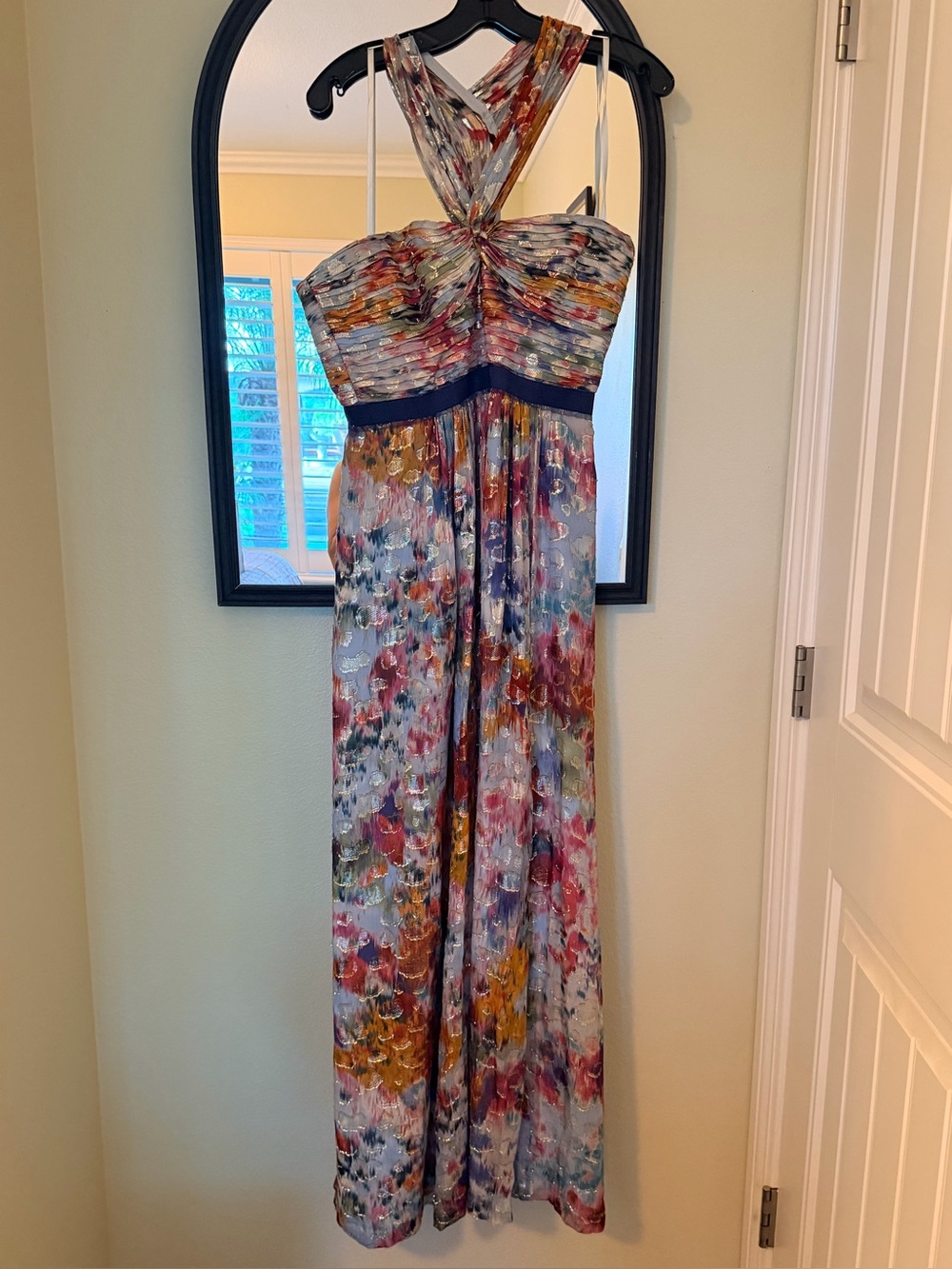 BCBGMaxAzria Floral Print Cross-Back Maxi in Blue, Pink & Gold